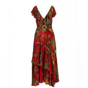 NWOT Red Forest Birds Belted Midi-Dress